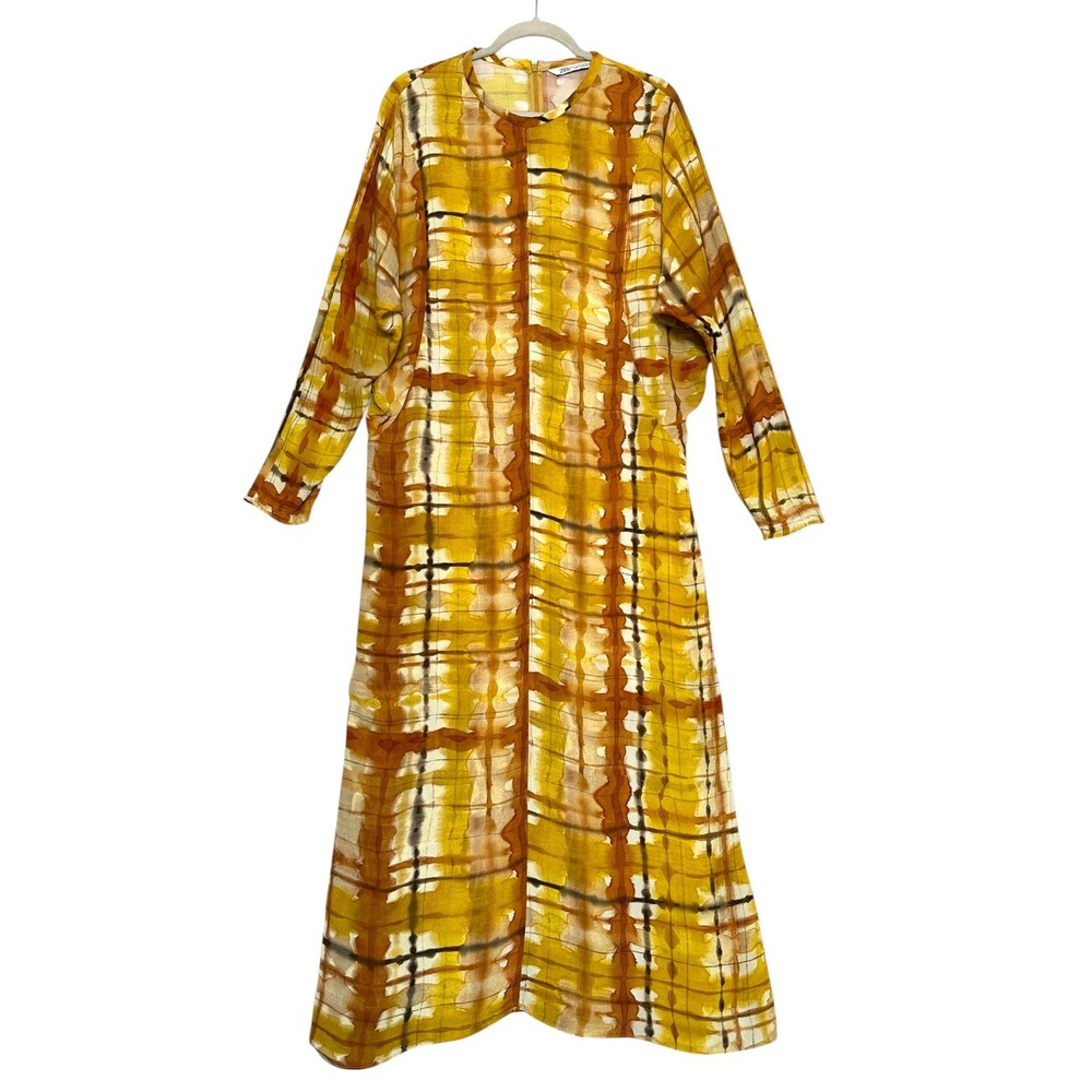 Zara Dress Tie Dye Plaid Print Dolman Sleeve Maxi Mustard Yellow M Blogger Fav - Picture 2 of 16